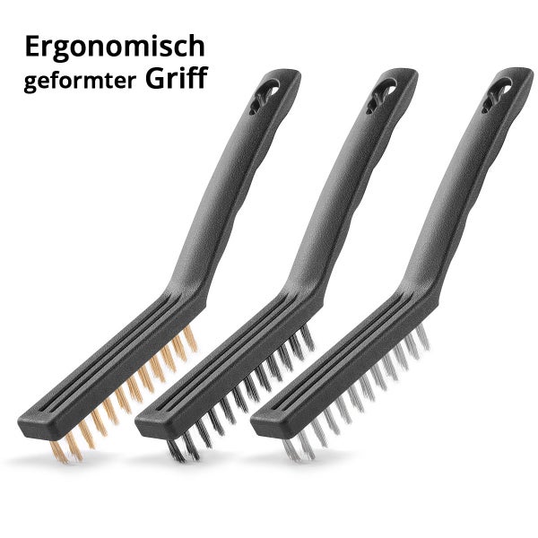 Set aus drei Drahtbürsten mit ergonomisch geformtem Griff aus Kunststoff und verschiedenen Borsten.