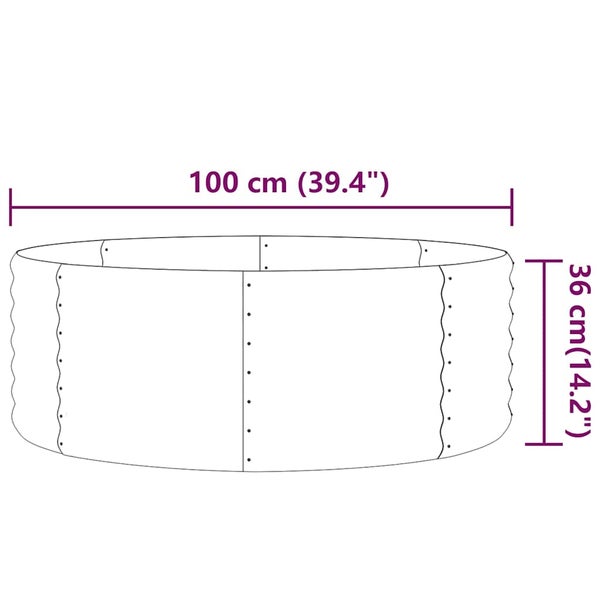 Rundes Hochbeet aus Metall mit einem Durchmesser von 100 Zentimeter und einer Höhe von 36 Zentimeter inklusive Maßangaben.
