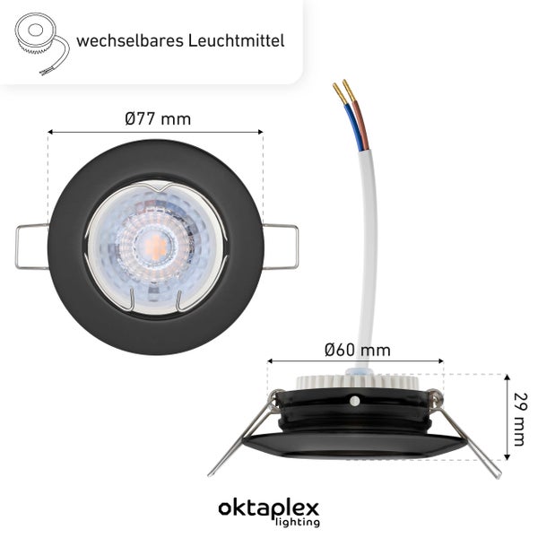 Oktaplex Lighting 6er Set LED Einbaustrahler Sedan - mit LED Modul 4,8W 2700K 230V 380lm Warmweiß 110° - Spot Schwarz Lochmaß 60mm