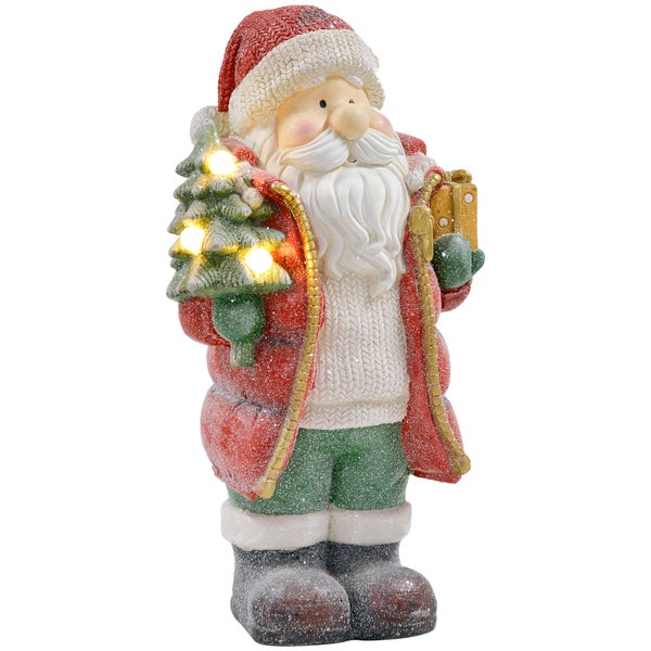 HOMCOM Weihnachtsdeko Figur, Weihnachtsmann mit Weihnachtsbaum und Geschenk, 50 cm Weihnachtsfigur mit LED-Licht, Dekofigur zu Weihnachten, für In- und Outdoor