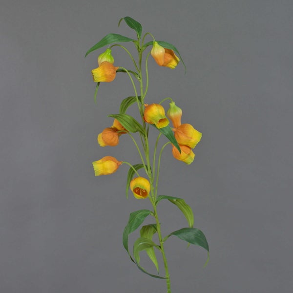 Künstliche Sandersonia Blüte in Glockenform mit gerippter Oberfläche an einem grünen Stiel.