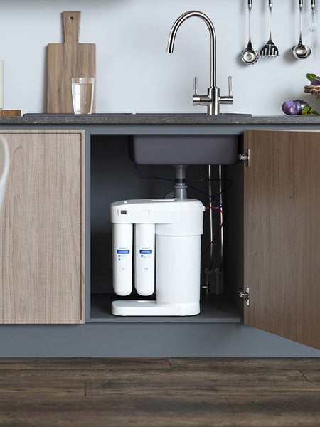 Untertisch-Wasserfiltersystem in einem Küchenunterschrank unter einer Spüle mit einer verchromten Küchenarmatur.