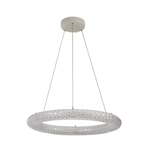 Moderne LED-Pendelleuchte in Ringform mit Kristalloptik und runder Deckenbefestigung.