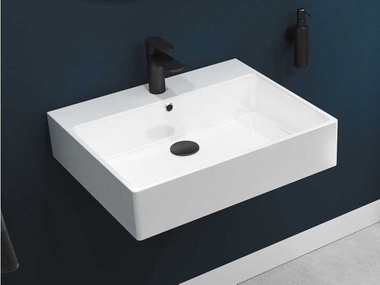 Aqua Bagno Solo Waschtisch 60x50 cm Weiß Hochglanz – Keramik Waschbecken mit Hahnloch & Überlauf, Wandmontage | Modernes Bad