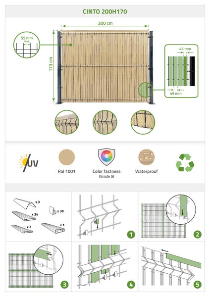 Cinto Sichtschutz 200H170 mit Abmessungen, Eigenschaften und Montageanleitung