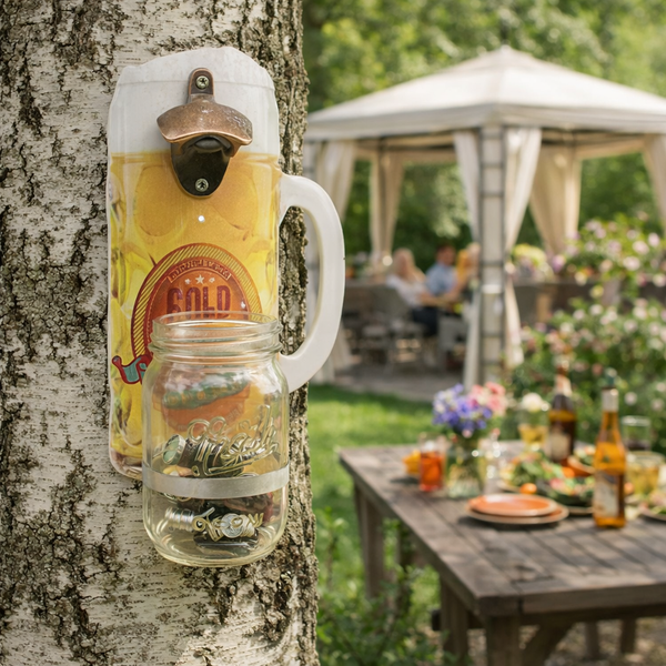 Wandmontierter Flaschenöffner im Bierkrug Design mit integriertem Glasbehälter für Kronkorken, befestigt an einem Baumstamm in einem Garten.