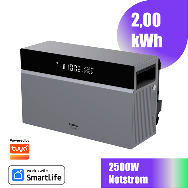 Conow Powerstation CBE2000 Pro mit 2,00 Kilowattstunden Kapazität und 2500 Watt Notstromfunktion, kompatibel mit Tuya und SmartLife.