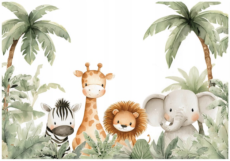 Illustration von Zebra, Giraffe, Löwe und Elefant in Dschungelkulisse