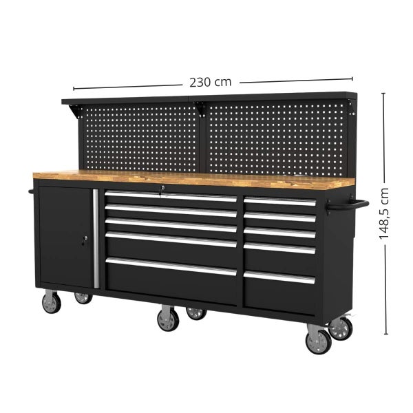 Werkbank mit Lochwand und Rollen, 230 cm breit und 148,5 cm hoch, mit Holzplatte, Schubladen und Schranktür aus Metall