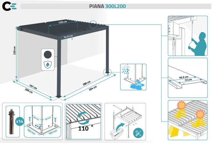 Technische Zeichnung Piana 300L200 Terrassenüberdachung mit Abmessungen