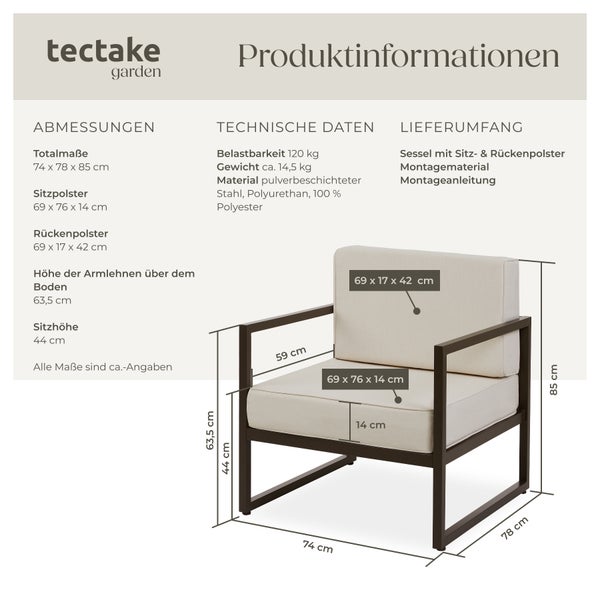 Garten-Loungesessel tectake Comosa 74 x 78 x 85 cm Dicke des Sitzpolsters 14 cm braun/beige