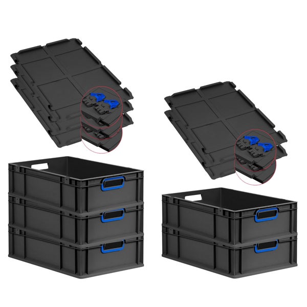 PROREGAL SuperSparSet 5x Eurobox NextGen Color mit Scharnierdeckel und Schiebeschnappverschlüssen, HxBxT 17x40x60cm, 34 Liter, Schwarz, Griffe blau offen, Eurobehälter, Transportbox, Transportbehälter, Stapelbehälter