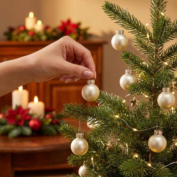 Hand hängt eine glänzende Weihnachtskugel in einen Weihnachtsbaum mit Lichterkette und Sternenanhängern, festliche Atmosphäre im Innenraum.