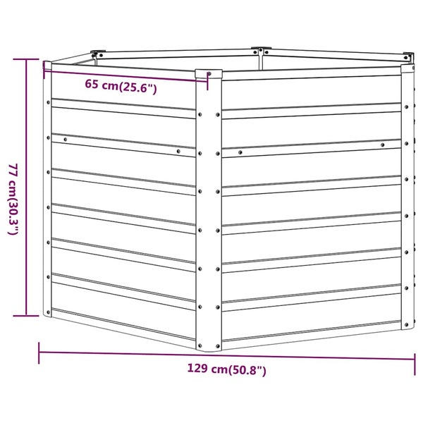 Sechseckiges Hochbeet aus Metall mit Maßen: Breite 129 Zentimeter, Höhe 77 Zentimeter und Seitenlänge 65 Zentimeter.