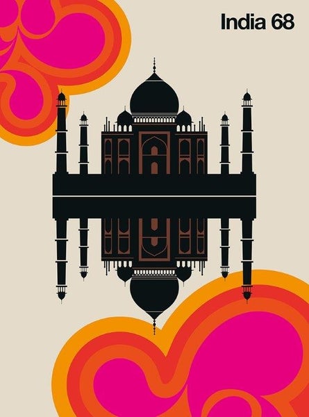 Wandbild Taj Mahal im Retro-Grafikstil mit Text India 68 und abstrakten Formen.
