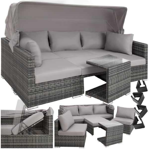 Rattan Lounge tectake San Marino mit Sicherheitsglasplatte, variabel aufstellbar mit Aluminiumgestell grau