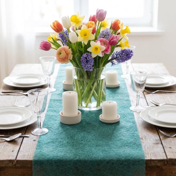 Festlich gedeckter Esstisch aus Holz mit einem Blumenstrauß aus Tulpen, Narzissen und Hyazinthen in einer Glasvase sowie weißen Stumpenkerzen.