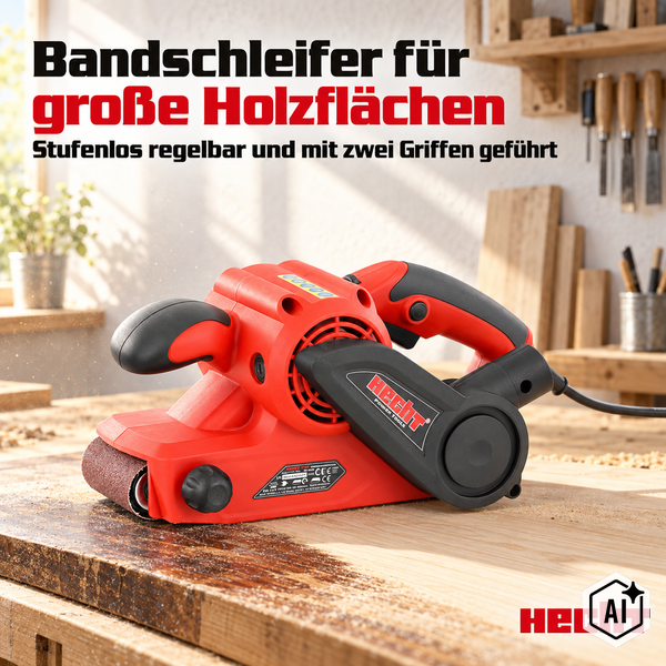 Hecht Bandschleifer mit 810 Watt Leistung Aufnahme und 230 bis 240 Volt Netzspannung im Holzwerkstatt Umfeld