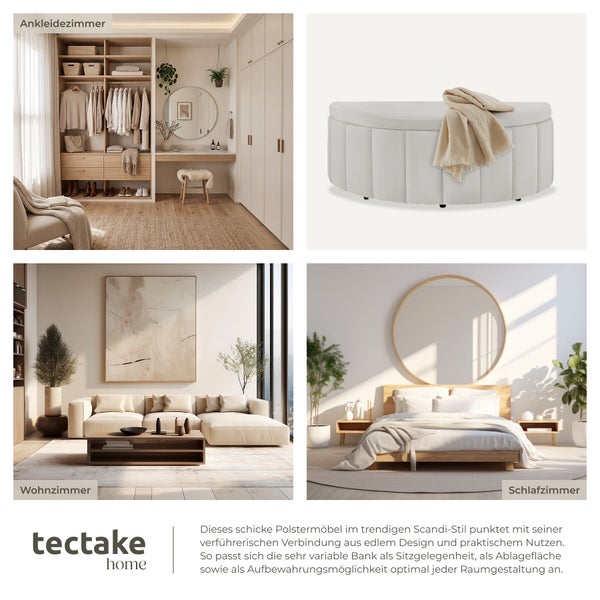 Runde Polsterbank im Scandi-Stil als Sitzgelegenheit und Stauraum im Ankleidezimmer, Wohnzimmer und Schlafzimmer. tectake home Logo.