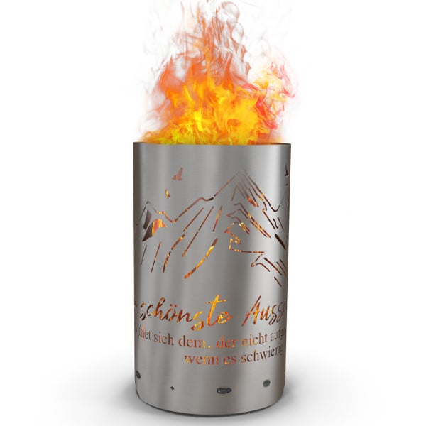 Feuersäule aus Stahl mit Bergsilhouette und Flammen