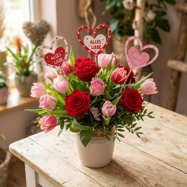 Blumenstrauß aus roten Rosen und rosafarbenen Tulpen in einer Keramikvase mit drei dekorativen Herzsteckern mit der Aufschrift Alles Liebe.