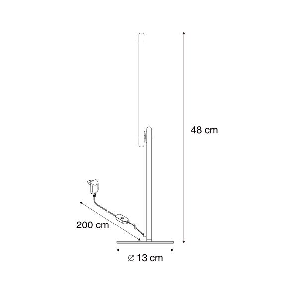 Maßskizze Tischleuchte: Gesamthöhe 48 Zentimeter, Durchmesser des Standfußes 13 Zentimeter, Kabellänge 200 Zentimeter.