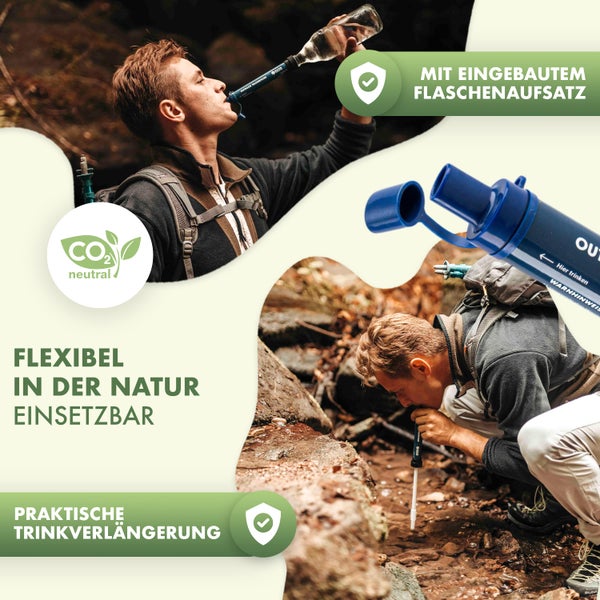 Naturbummler ® Wasserfilter Outdoor 2000 Liter [Co2-Neutral] inkl. Karabiner und Verlängerungshalm – Tötet 99,999% aller Bakterien und Keime ab – Wasserfilter Outdoor Survival Wasserfilter Camping