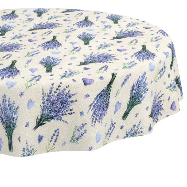 Runde Tischdecke mit Lavendel-Motiv und Herzen aus strukturiertem Stoff.