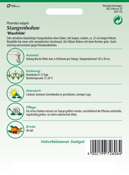 Samenpackung Stangenbohne Blauhilde mit Informationen zu Aussaat, Keimung, Standort, Pflege und Ernte