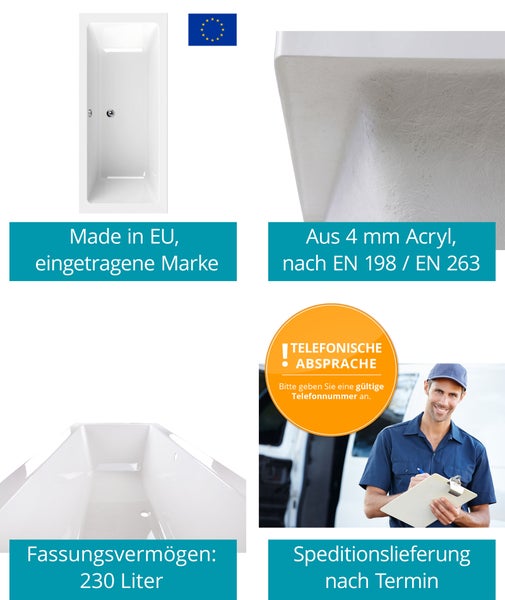 Rechteckige Badewanne aus 4 Millimeter Acryl, hergestellt in der EU, 230 Liter Fassungsvermögen, Lieferung per Spedition nach Terminabsprache.