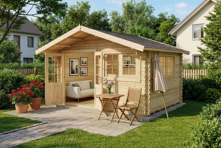 Gartenhaus aus hellem Holz mit Satteldach, Doppeltür und Fenster, eingerichtet mit Sofa und Außenmöbeln auf Steinterrasse in einem Garten.