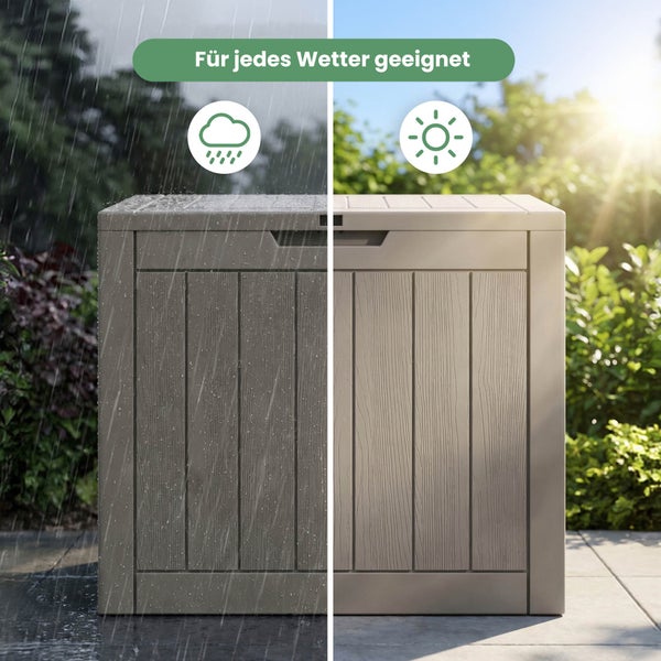 Wetterfeste Gartenbox mit Holzoptik, dargestellt bei Regen und Sonnenschein.