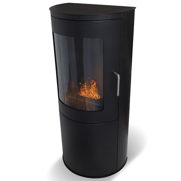 Schwarzer Pelletofen mit Glasfenster und Flammen