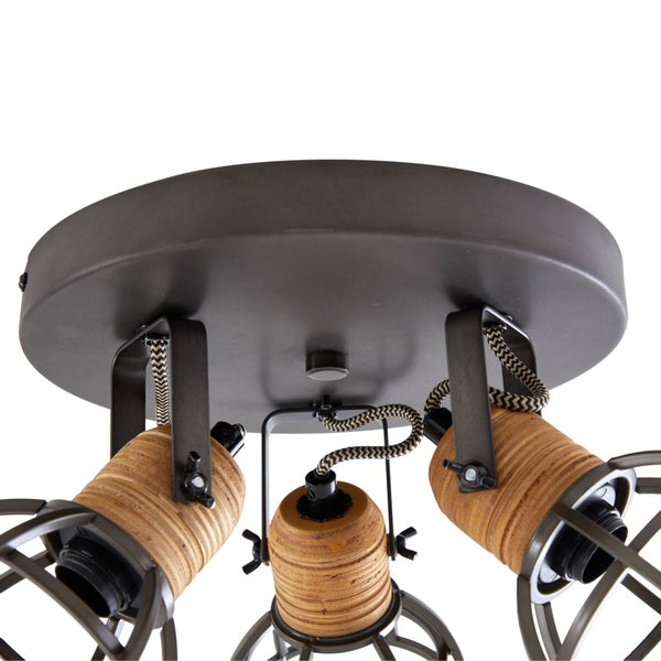 Deckenleuchte mit drei Leuchtenarmen und Käfigdesign, Maße sind dargestellt