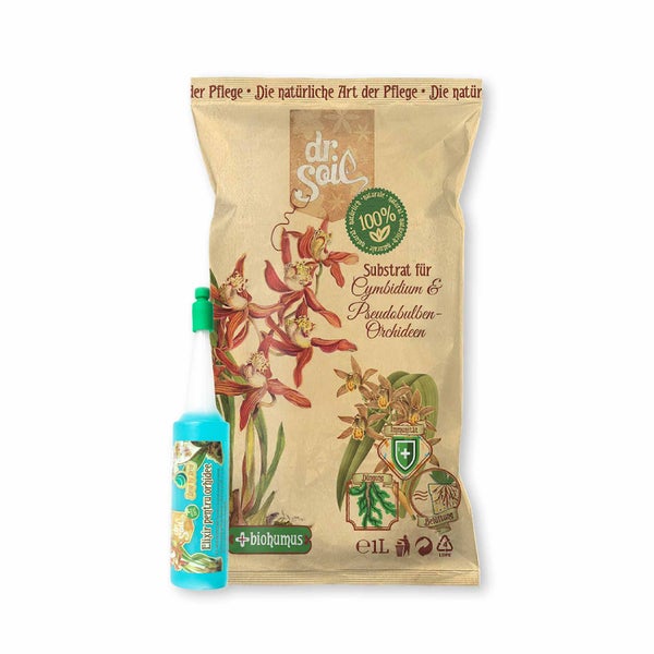 Dr.Soil Pflanzenpflegepaket für die Pflege von Cymbidium und pseudobulbous Orchideen mit natürlichem Substrat mit Sphagnum für Cymbidium und Bewässerungszusatz für Orchideen in Fläschchenform