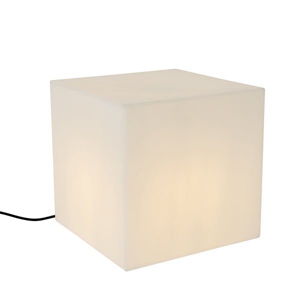 Würfelförmige Dekoleuchte aus Kunststoff mit warmweißem Licht und schwarzem Stromkabel.