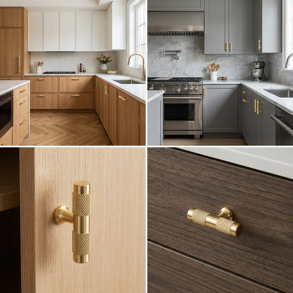 Collage von Küchen mit unterschiedlichen Designs und goldenen Schrankgriffen