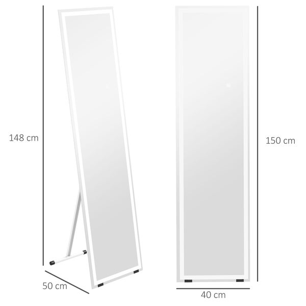 HOMCOM Ganzkörperspiegel, Standspiegel, Wandspiegel mit LED-Leuchte, Lichtspiegel mit 3 Lichtfarbe, Touch-Schlater, für Wohnzimmer, Schlafzimmer, 40 x 150 cm, Aluminium, Weiß