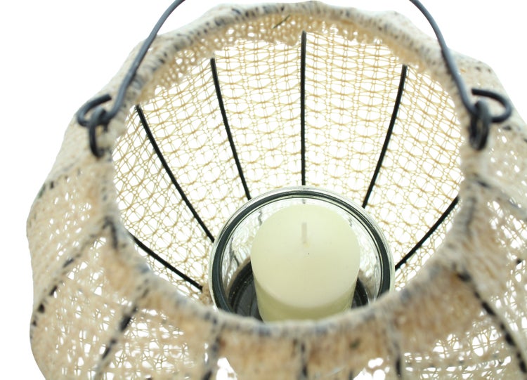 FRANK FLECHTWAREN | Laterne Webart, beige, 22 x 22 x 19 cm, Glas Ø 8 x 8 cm, POLYESTER, BAUMWOLLE, METALL, GLAS