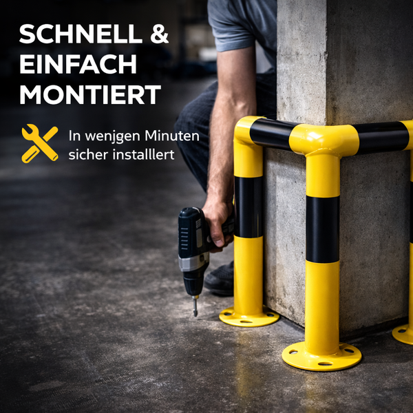 Einfache Montage eines Rammschutzes an einer Betonsäule mit einem Akkubohrschrauber.