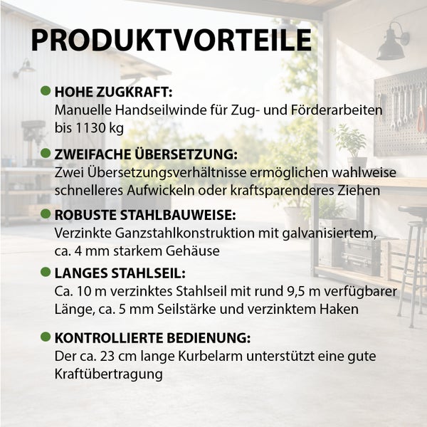 Infografik mit Produktvorteilen einer manuellen Handseilwinde für Zugarbeiten bis 1130 Kilogramm mit verzinktem Stahlseil und Kurbel.
