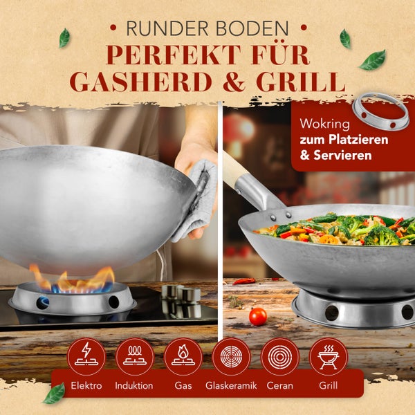 KRUSTENZAUBER 36cm Wokpfanne runder Boden - Traditionelle Stahlwokpfanne mit Wokwender u. Wokring - Wok Pfanne, Wok Induktion, Woklette, Wok Zubehör, Carbon Steel Wok Karbonstahl