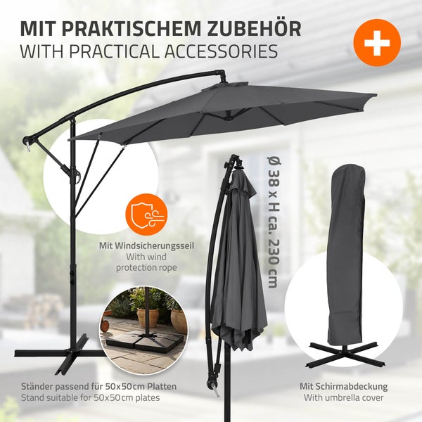 Ampelschirm mit Zubehör wie Windschutzseil, Ständer für 50 mal 50 Zentimeter Platten und Schutzhülle.