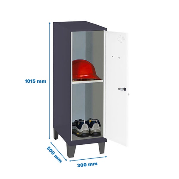 Metallkleiderschrank mit einer Tür, einem Fachboden, einer Höhe von 1015 mm, einer Breite von 500 mm und einer Tiefe von 300 mm.