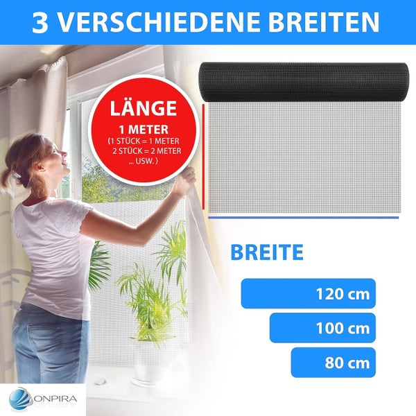 Insektenschutzgitter für Fenster als Meterware mit drei Breiten: 80 Zentimeter, 100 Zentimeter und 120 Zentimeter. Onpira Logo.