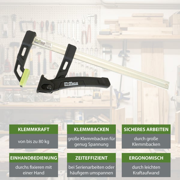 Trutzholm Einhandzwinge mit einer Klemmkraft von bis zu 80 Kilogramm und großen Klemmbacken für einhändige Bedienung.
