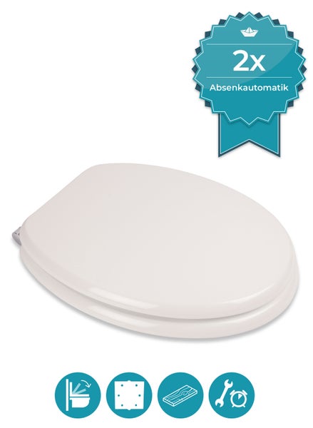 Calmwaters® WC Sitz Modern Wellness mit Absenkautomatik, Toilettensitz Weiß, Holzkern Toilettendeckel, Fast-Fix, Metallscharnier, universale O-Form, WC Deckel oval, Komfort Klositz, Weiß