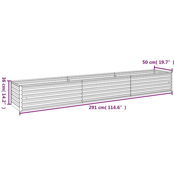 Hochbeet aus verzinktem Stahl mit Maßen: Länge 291 Zentimeter, Breite 50 Zentimeter und Höhe 36 Zentimeter.