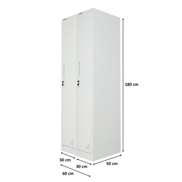 Zweitüriger, abschließbarer Metall-Garderobenschrank in Grau, Maße 180 Zentimeter Höhe, 60 Zentimeter Breite und 50 Zentimeter Tiefe.
