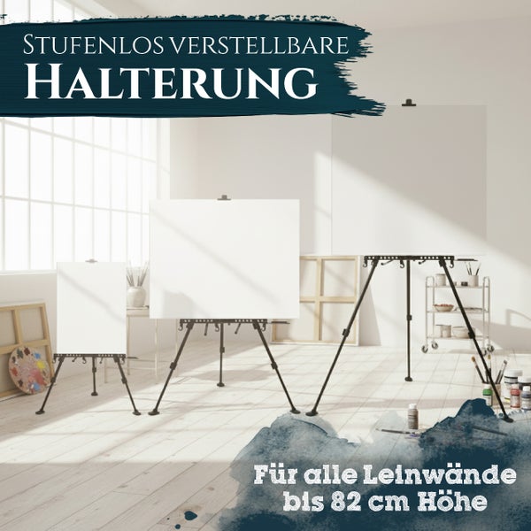 Drei Staffeleien mit stufenlos verstellbarer Halterung in einem hellen Atelier für Leinwände bis 82 Zentimeter Höhe.